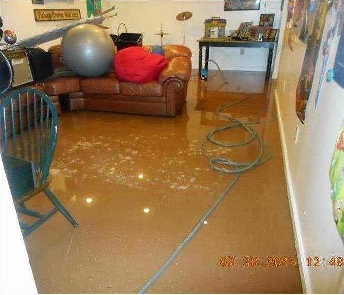 dirty water on floor, wet sofa and furniture