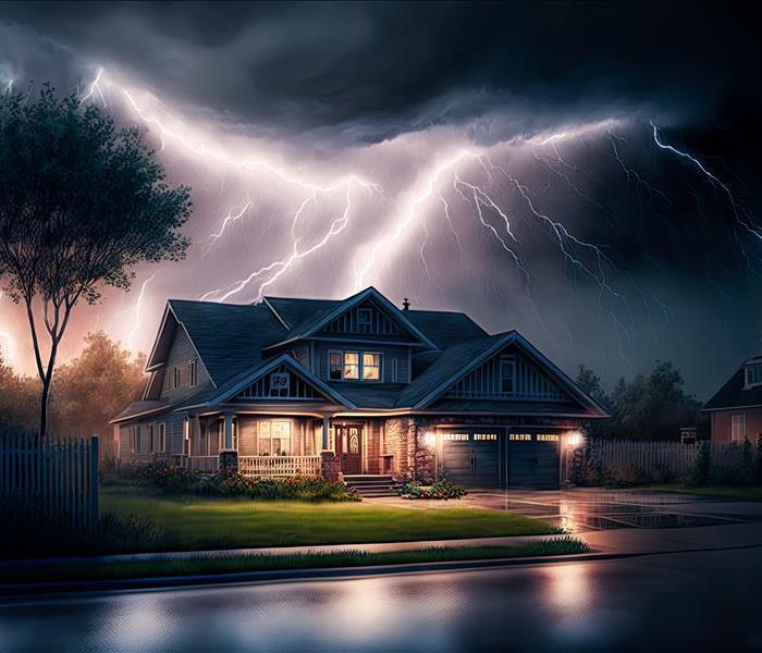 Street view photo of a home in the middle of an intense thunderstorm with heavy rain and lightning